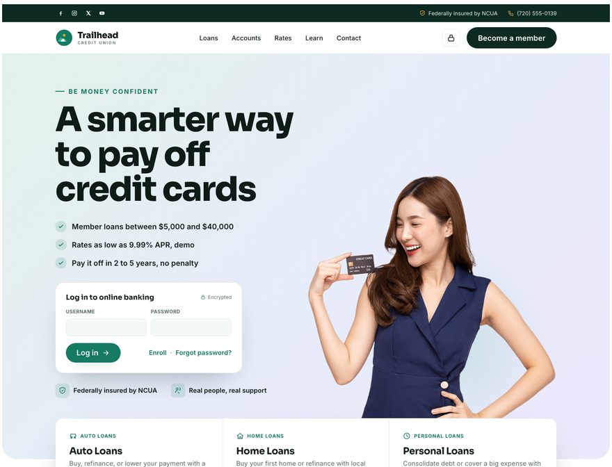 Trailhead Credit Union website template preview