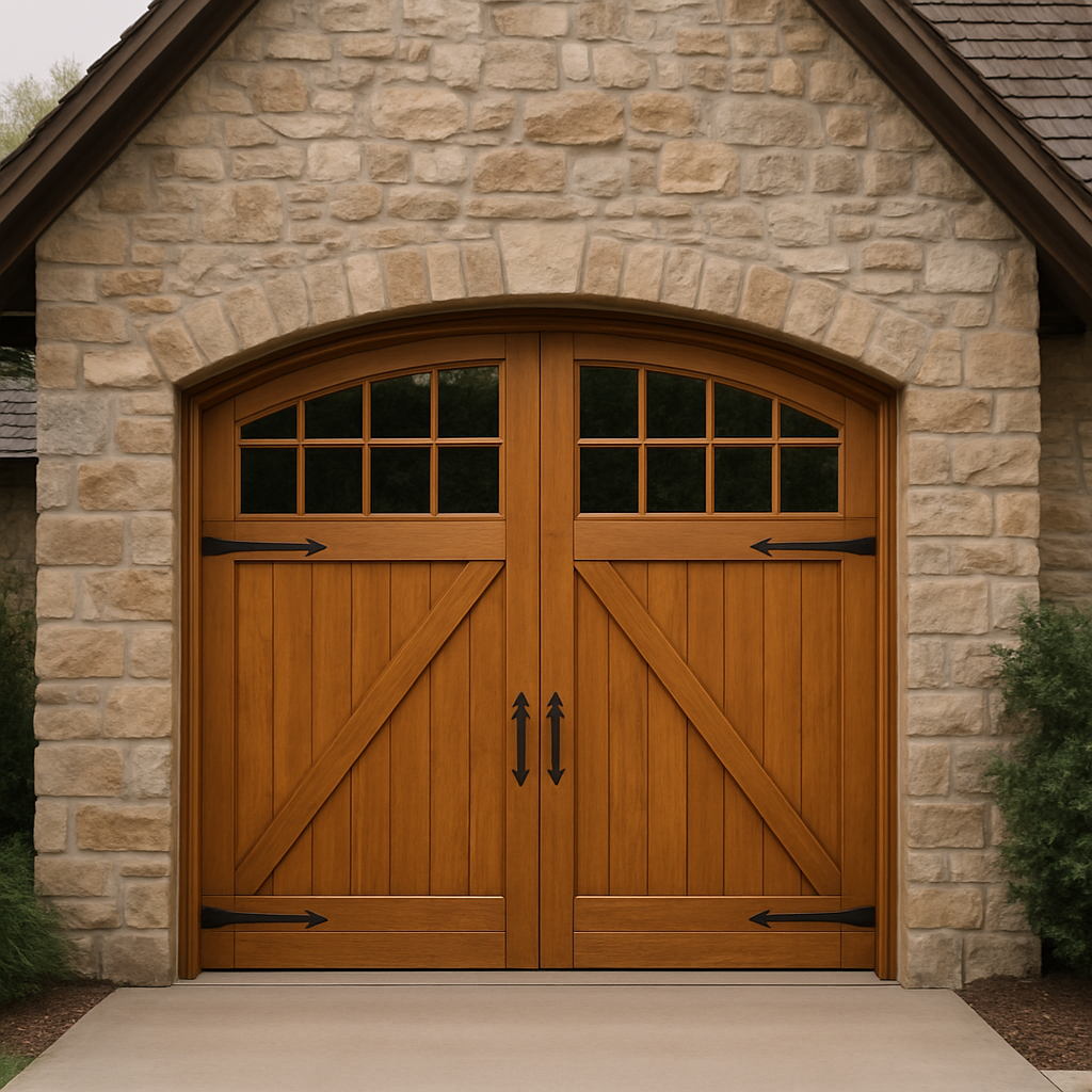 Wood-look carriage house garage door on a stone home