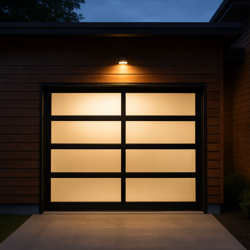Contemporary aluminum and frosted glass garage door