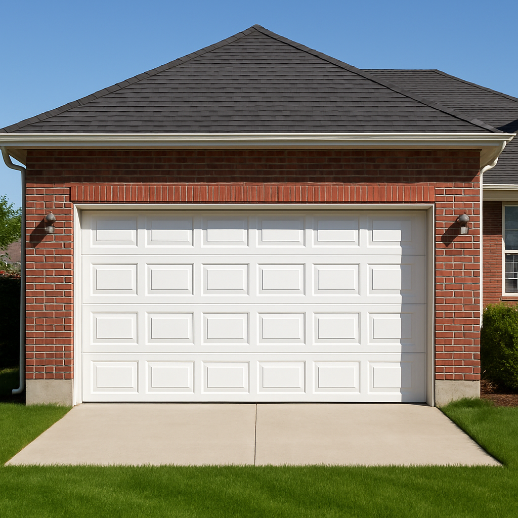 White traditional raised-panel garage door on a brick home